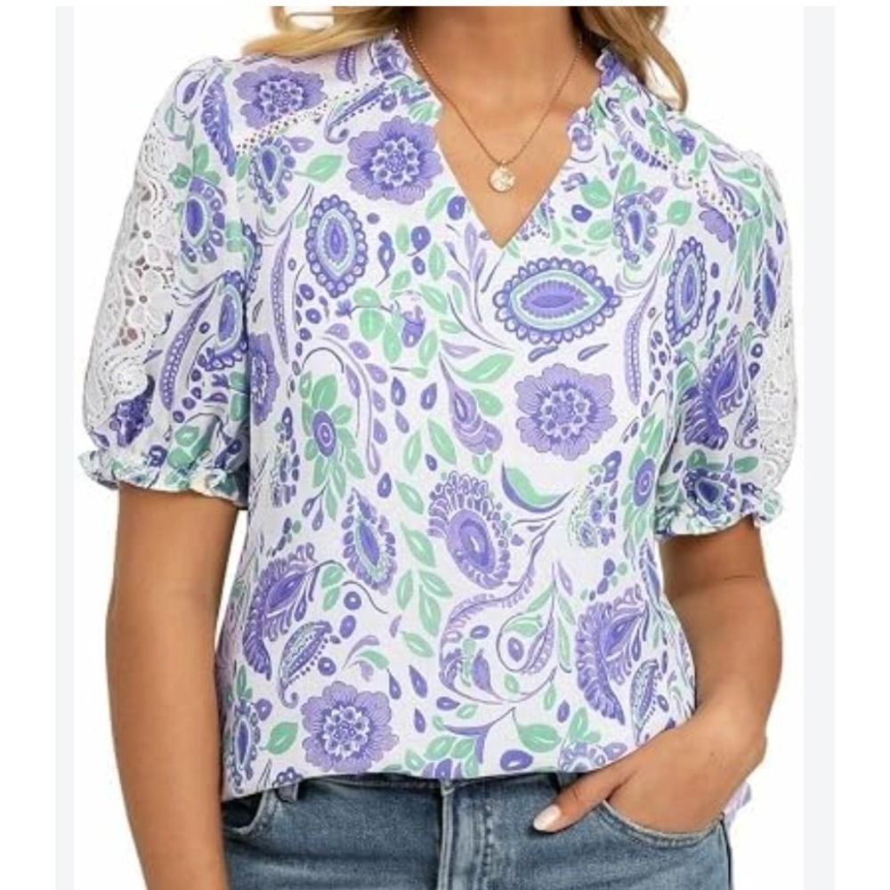 Grace Karin Womens Purple Green Paisley Floral Lace Puff Sleeve Blouse Size M